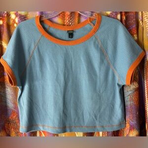 blue & orange waffle knit short sleeve crop top 🧡🩵